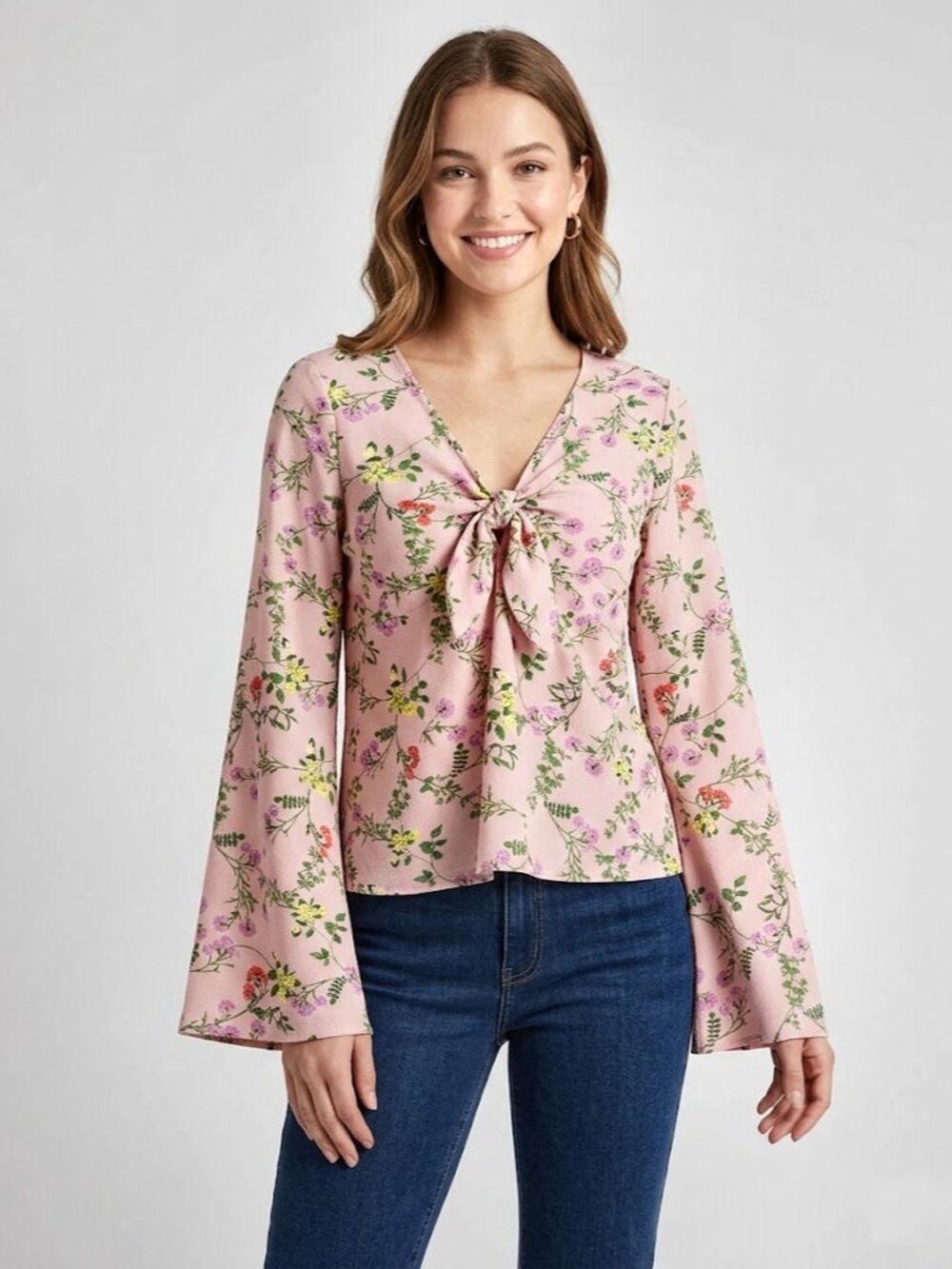 Ten Sixty Sherman Floral Tie-Front Bell Sleeve Blouse Pink / Multi Womens Size M